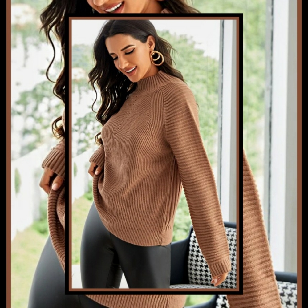 Ribbed Knit Raglan Sleeve Sweater Brown Size: Sm